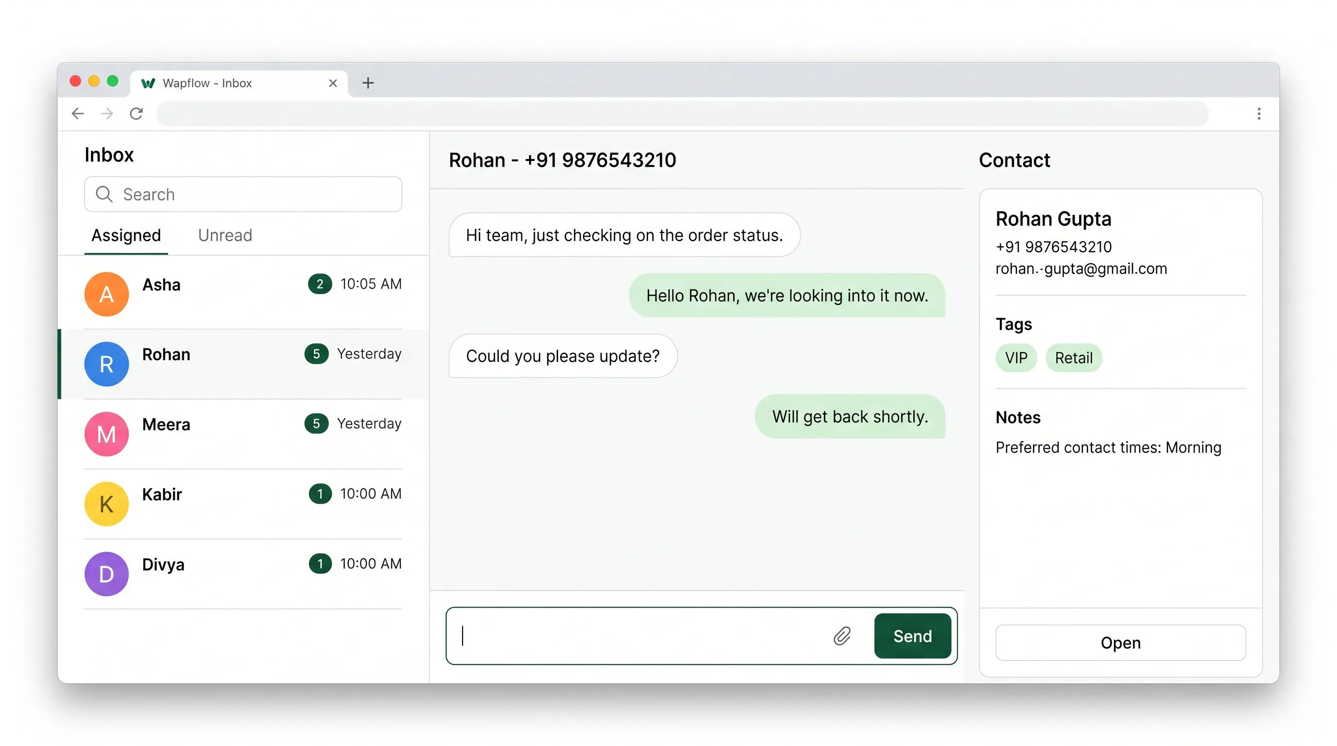 The Wapflow app: a three-pane WhatsApp team inbox with a conversation list, an open customer chat, and a contact profile