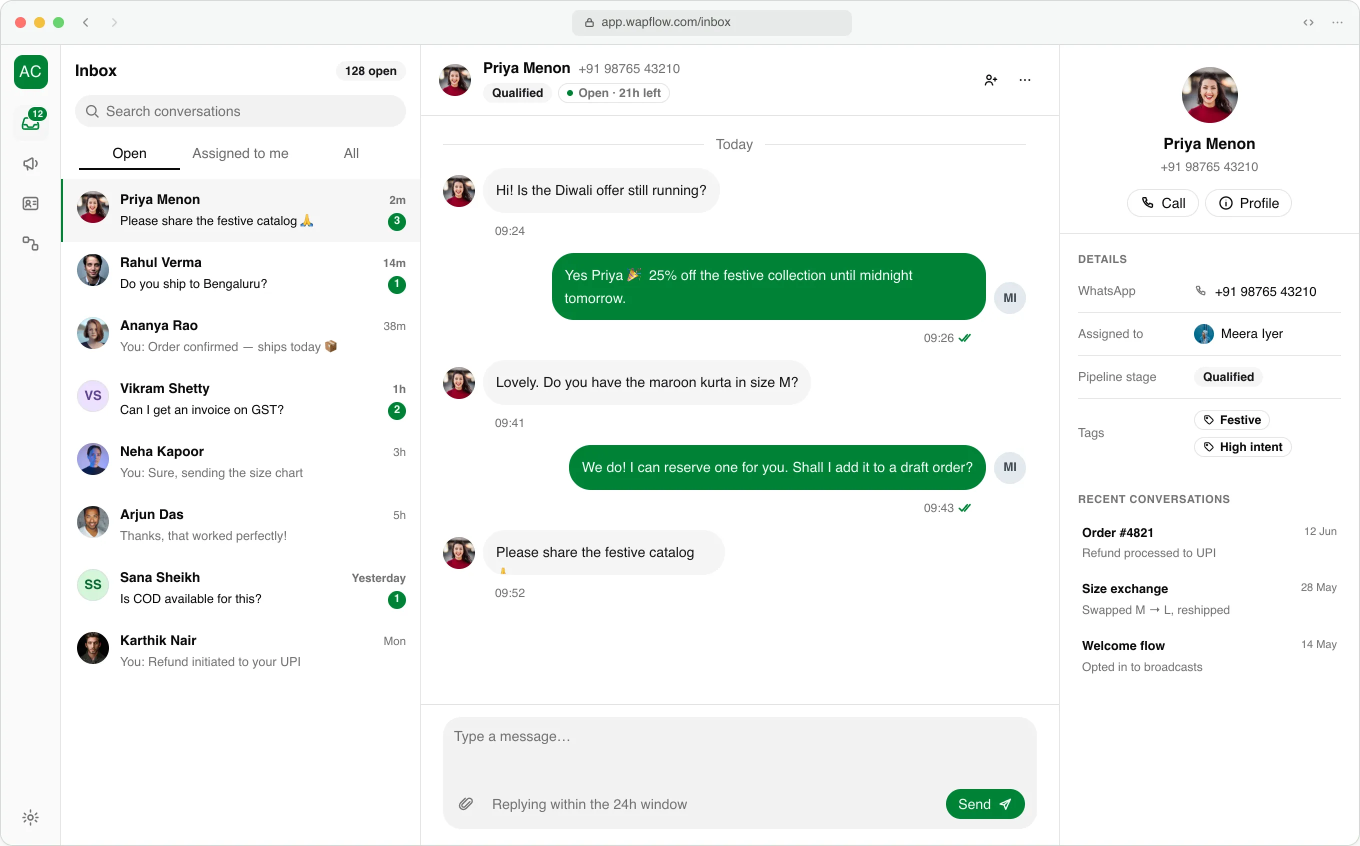 The Wapflow app: a three-pane WhatsApp team inbox with a conversation list, an open customer chat, and a contact profile