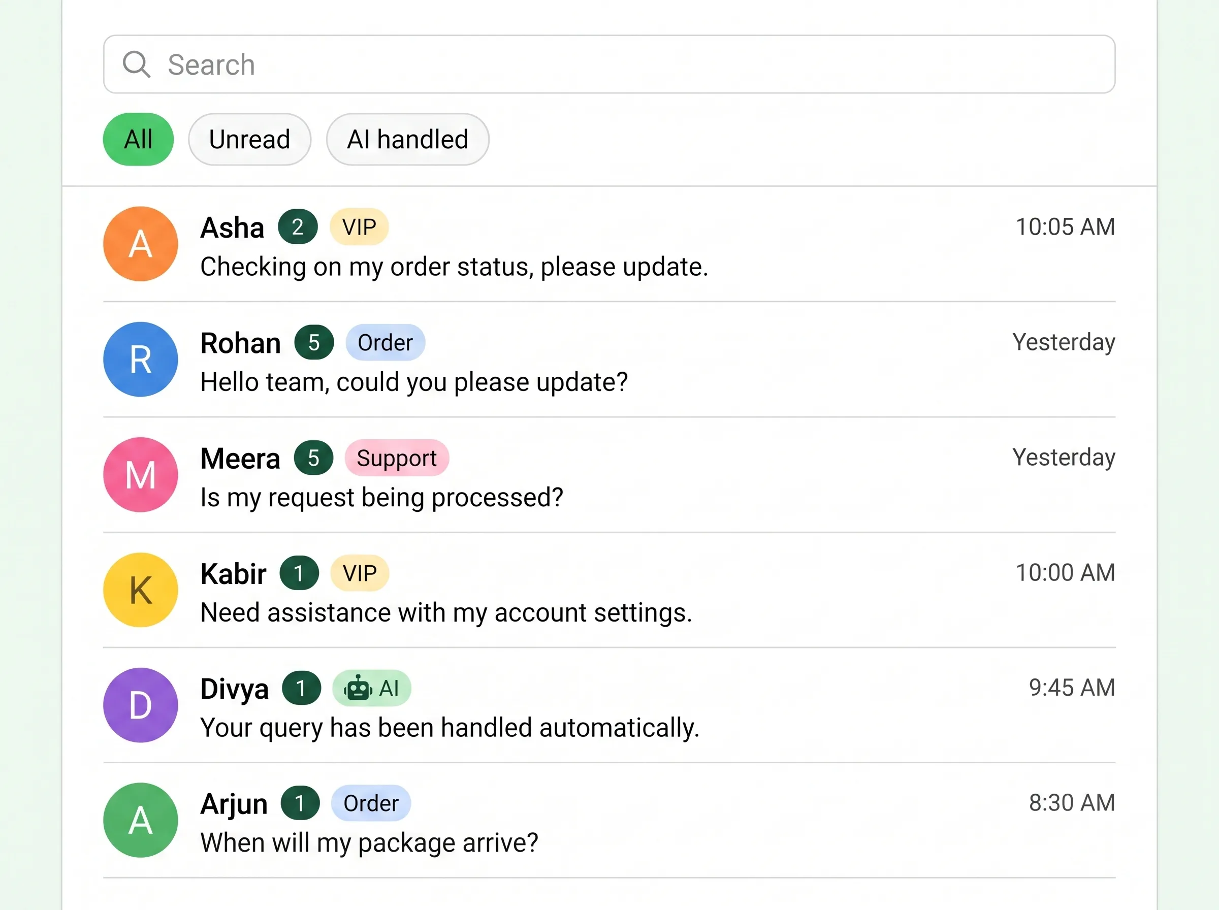 The Wapflow conversation list: chats with unread counts, tags like VIP and Order, and a conversation answered by the AI agent